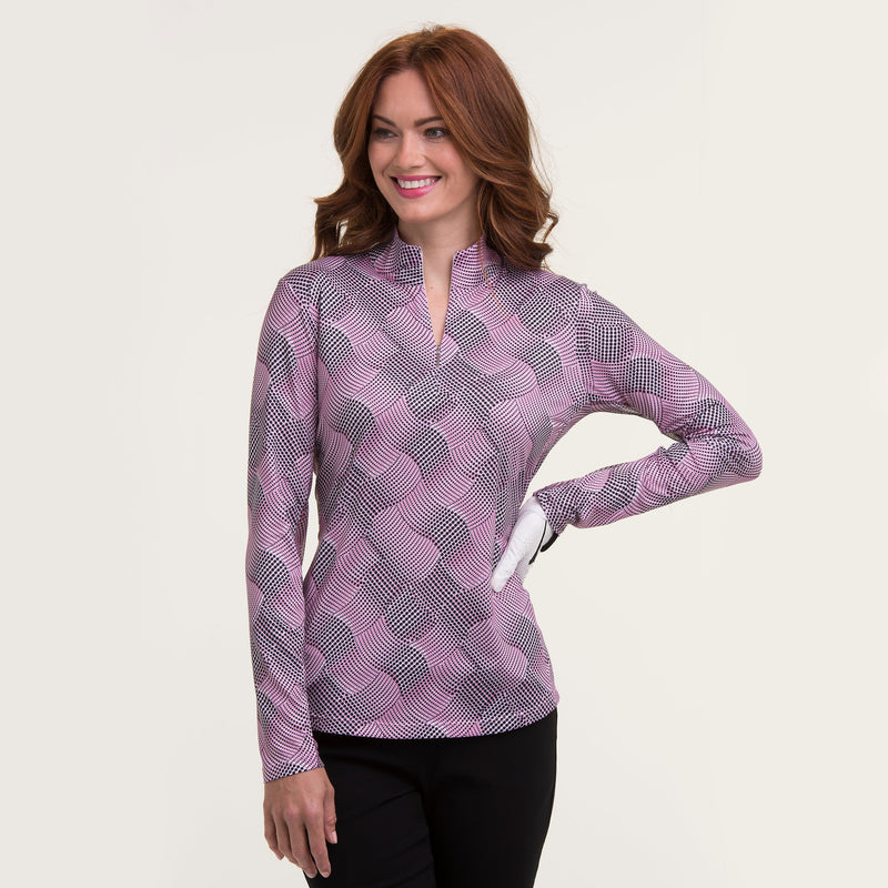 LONG SLEEVE DOT RIBBON SWIRL ZIP MOCK